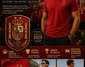 Polo España Campeona del Mundo 2026, rojo para aficionados con escudo dorado de dos estrellas