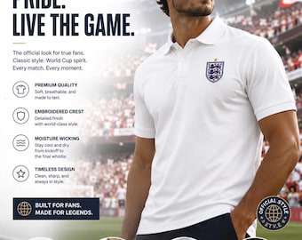 England WM 2026 besticktes Poloshirt, drei Löwen Fußballfan Polo, Premium weißes Fußballspieltagshirt