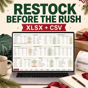 Peut inclure: Un écran d'ordinateur portable affichant une feuille de calcul de gestion des stocks avec le texte RESTOCK BEFORE THE RUSH et XLSX + CSV. Le tableau de bord comprend des sections pour les ventes, le catalogue SKU et les prévisions.