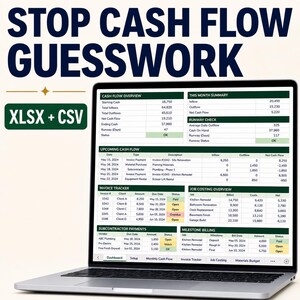 May include: A laptop displaying a digital cash flow spreadsheet with sections for overview, monthly summary, runway check, upcoming cash flow, invoice tracker, job costing, and milestone billing. The text reads STOP CASH FLOW GUESSWORK and XLSX + CSV.