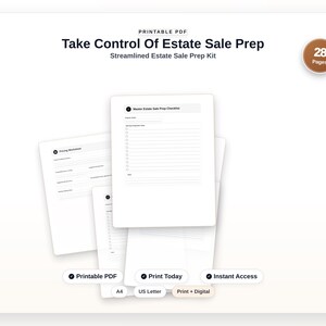 May include: A 28-page printable PDF estate sale prep kit featuring a master checklist and pricing worksheets. The document includes text reading Take Control Of Estate Sale Prep, Streamlined Estate Sale Prep Kit, Printable PDF, Print Today, Instant Access, A4, US Letter, and Print + Digital.
