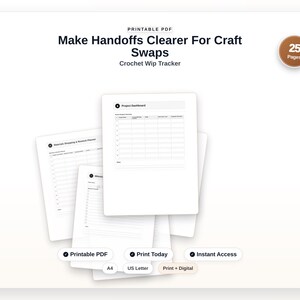 Puede incluir: Un rastreador de proyectos de ganchillo WIP en PDF imprimible de 25 páginas. El documento incluye un panel de control de proyectos y un planificador de compras. Texto: Make Handoffs Clearer For Craft Swaps, Crochet Wip Tracker, Printable PDF, Print Today, Instant Access, A4, US Letter, Print + Digital.