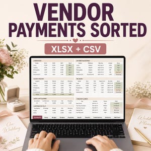 May include: A laptop screen displaying a digital wedding budget and vendor payment tracker spreadsheet with sections for bids, milestones, balances, and guest costs. The text VENDOR PAYMENTS SORTED and XLSX + CSV appears above the screen.