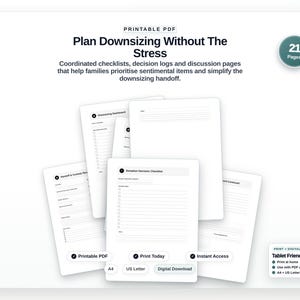 Puede incluir: Un conjunto de 21 páginas PDF imprimibles titulado Plan Downsizing Without The Stress, que incluye listas de verificación, registros de decisiones y páginas de discusión. Diseñado para tabletas, impresión en casa, formatos A4 y US Letter.