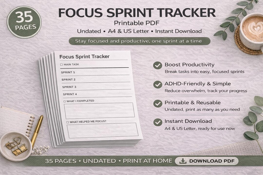 ADHD Focus Sprint Tracker Printable PDF, Productivity Sprint Planner ...