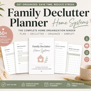 May include: A Family Declutter Planner with the text "Home Systems" and "60+ Pages". The planner includes pages for daily decluttering, kitchen checklists, and weekly chore charts. A mug with a heart design is also visible.
