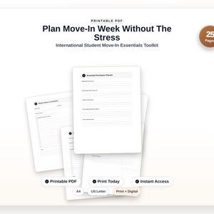 Może przedstawiać: Drukowalny zestaw narzędzi PDF zatytułowany Plan Move-In Week Without The Stress, zawierający 25-stronicowy przewodnik dla studentów zagranicznych. Dokument zawiera listy kontrolne i planery w formatach A4 oraz US Letter.