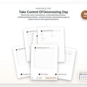 Könnte beinhalten: Ein Set aus 22 druckbaren PDF-Seiten mit dem Titel Take Control Of Downsizing Day, das Inventarlisten für Räume, einen Zeitplan zum Entrümpeln, Etiketten und Kontaktverzeichnisse enthält. Formate A4 und US Letter inklusive.