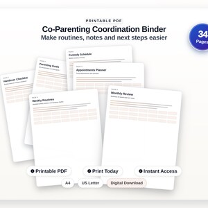 May include: A printable PDF co-parenting coordination binder with 34 pages. The binder includes pages for handover checklists, parenting goals, custody schedules, appointments planners, weekly routines, and monthly reviews. The binder is available for instant access.