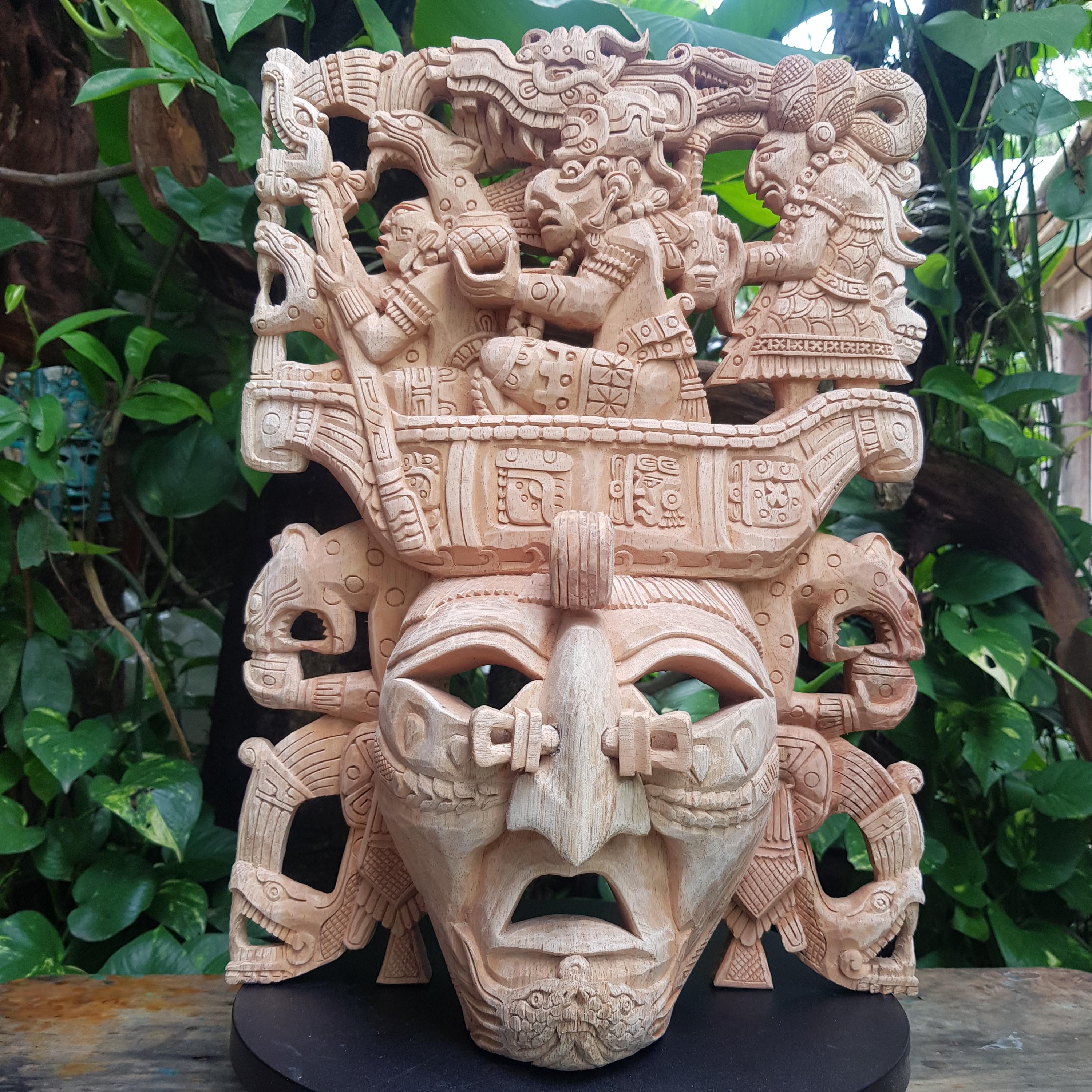 Mayan Journey Mask. Entirely Hand-carved in Wood. Natural Cedar