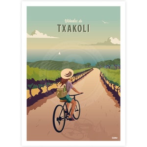 Lámina viñedos de Txakoli País Vasco Travel Poster Retro Wineyard Basque Country Gipuzkoa Euskadi Spain Affiche Vignoble Espagne Pays Basque