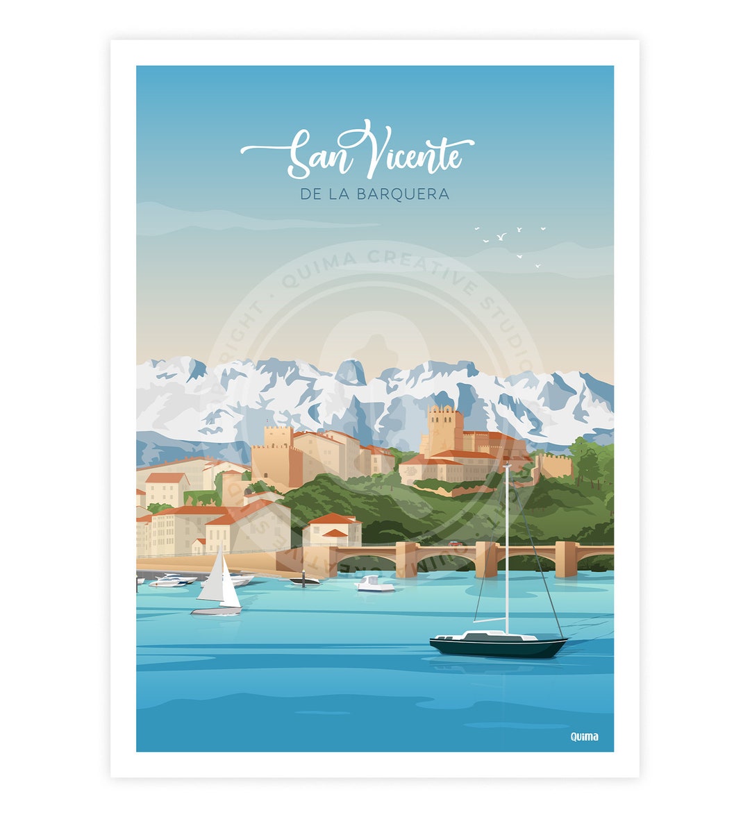 Lámina San Vicente de la Barquera Mar Cántabrico y Picos de