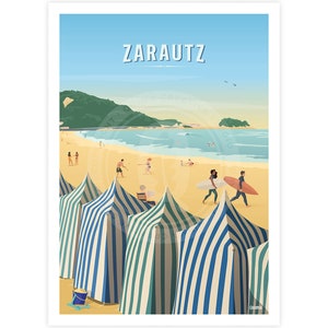 Lámina Playa de Zarautz País Vasco Travel Surf Poster Retro Zarautz Basque Country Gipuzkoa Euskadi Affiche Zarautz Pays Basque Espagne
