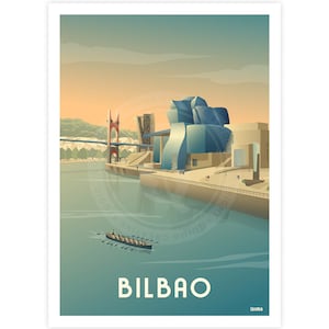 Lámina ría de Bilbao Guggenheim - Travel Poster Bilbao Retro Basque Country Spain Affiche Pays Basque Bilbao