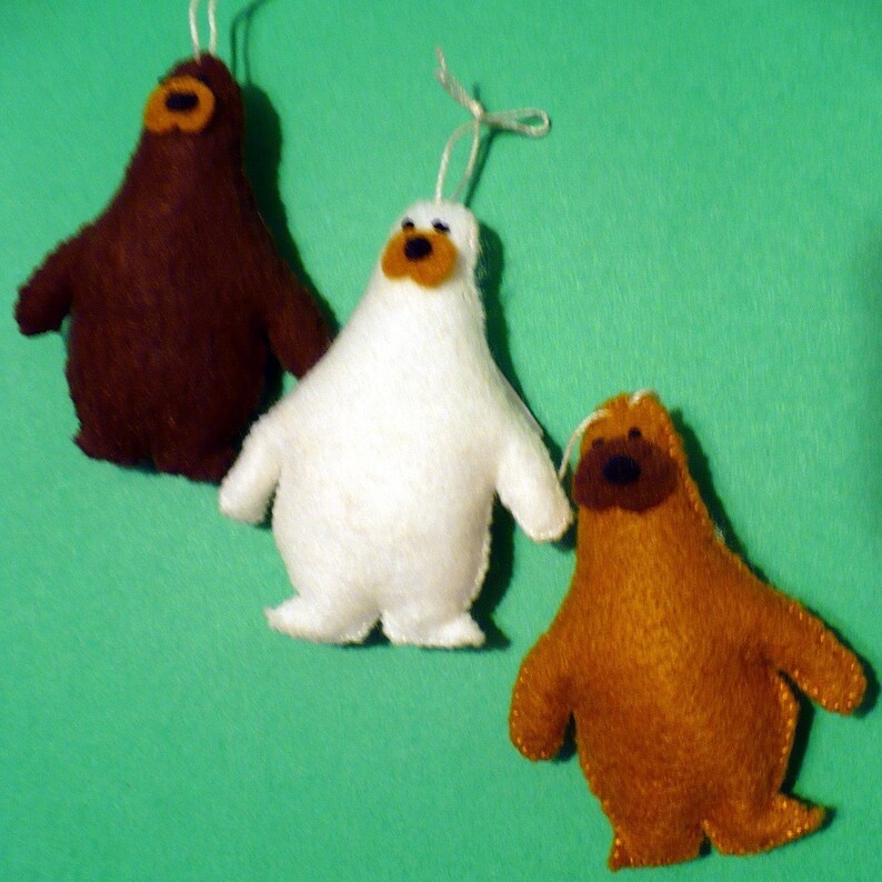Three Miniature Felt Polar Bear Ornaments