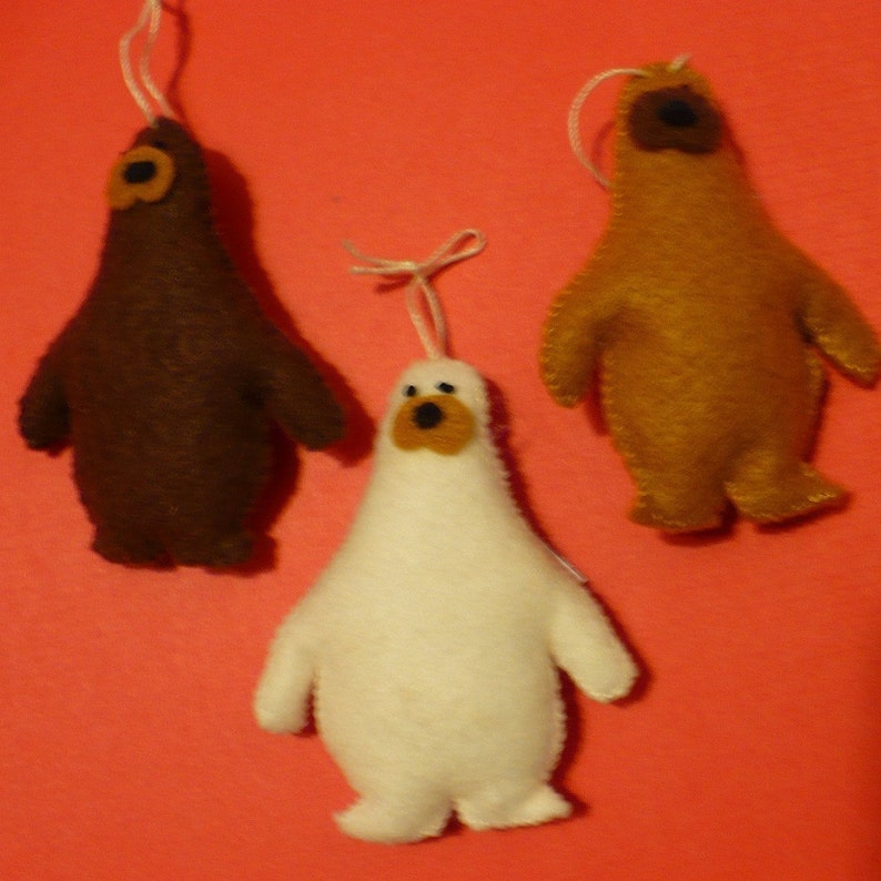 Three Miniature Felt Polar Bear Ornaments