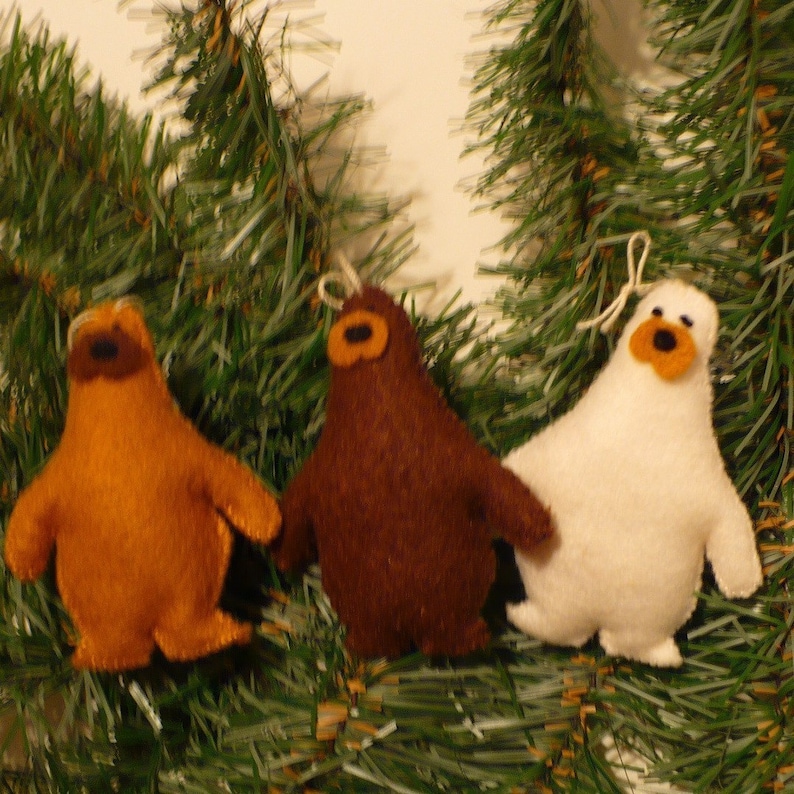 Three Miniature Felt Polar Bear Ornaments