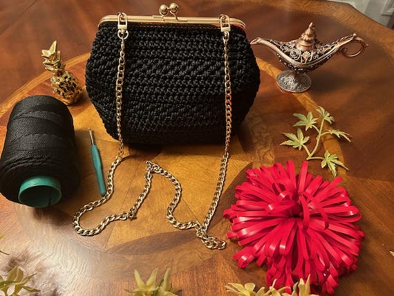 Elegant Black Crochet Clutch Purse – Handmade Evening Bag, Satin
