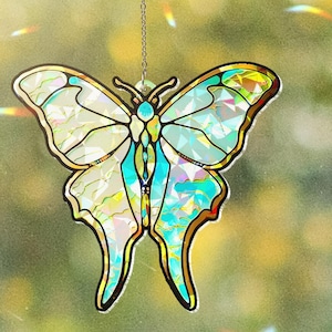 Luna Moth Suncatcher: Hologram Acrylic Butterfly Memorial Window Hanging