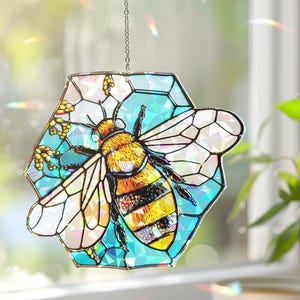 Honeycomb Bee Acrylic Suncatcher, Broken Glass Hologram Effect Honey Bee Ornament,Gifts for Grandma,Mothers day gift, Honeycomb Window Decor