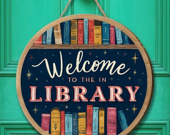 Welcome to the Library Sign Reading Room Teacher Gift Wooden Door Decor with Bookshelf Design School Library Wall Hangin book shelf decor