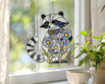 Raccoon Acrylic Window Hanging Ornament with Flower