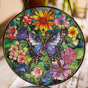 Wildflower And Butterfly Stained Glass Suncatcher for Window Hanging Wall Decor Art Gift Beautiful Sun Catcher Window Hanging Indoor Decor