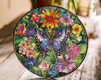 Wildflower Butterfly Stained Glass Suncatcher: Window Garden Decor