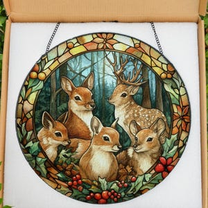 Stained Glass Deer Family Suncatcher: Forest Window Decor