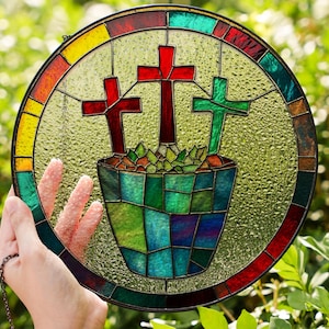Stained Glass Cross Suncatcher Birthday Staine Glass Gift Christian Glass Window Hanging Cross Gift For Religious Christian Faith Home Decor