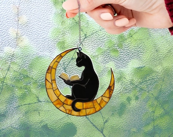 Black Cat Reading on Moon Suncatcher: Book Lover Window Decor