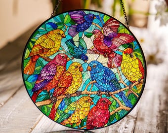 Łapacz słońca z witrażem „Ptak na gałęzi”: ręcznie wykonany element do powieszenia na oknie