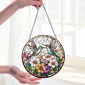 Hummingbird Poppy Stain Glass Suncatcher,Indoor Decor, Window Hanging, Wall Art, Gift For Women, Hummingbird Lover Ornament Holiday Gift