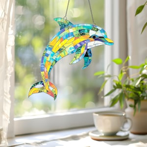 Placa suspensa Dolphin Suncatcher, ornamento Ocean Decor Sea Life Suncatcher, decoração de praia tropical, decoração costeira, presentes para amantes de golfinhos
