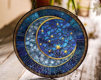 Moon and Star Stained Glass Suncatcher: Celestial Night Sky Decor