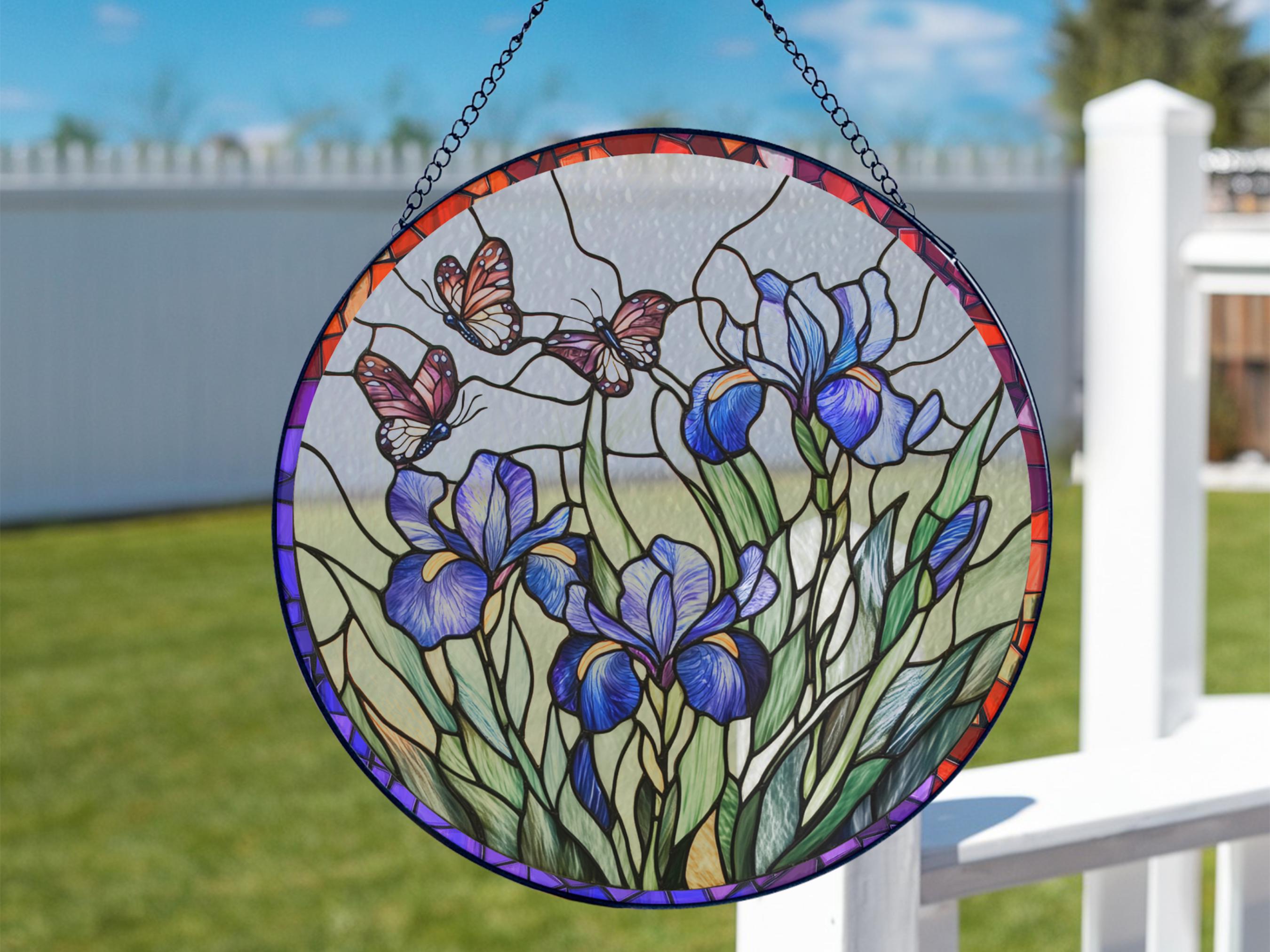 Bluebonnet Sonnenfänger Aus Buntglas – Mit Blauer Iris & Schmetterling – 20 Cm Quadratisch – Fensterdekoration, Handarbeit