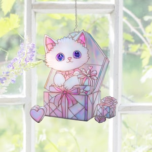 Kitten in Gift Box Suncatcher: Acrylic Cat Lover Window Decor