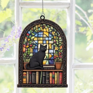 Black Cat Book Suncatcher: Whimsical Window Decor, Librarian Gift