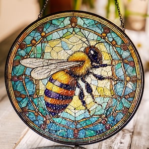 Honeybee Stained Glass Suncatcher: Beehive Window Decor