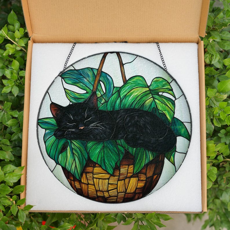 Black Cat Stained Glass Suncatcher Art | Sleeping Kitten in Monstera ...