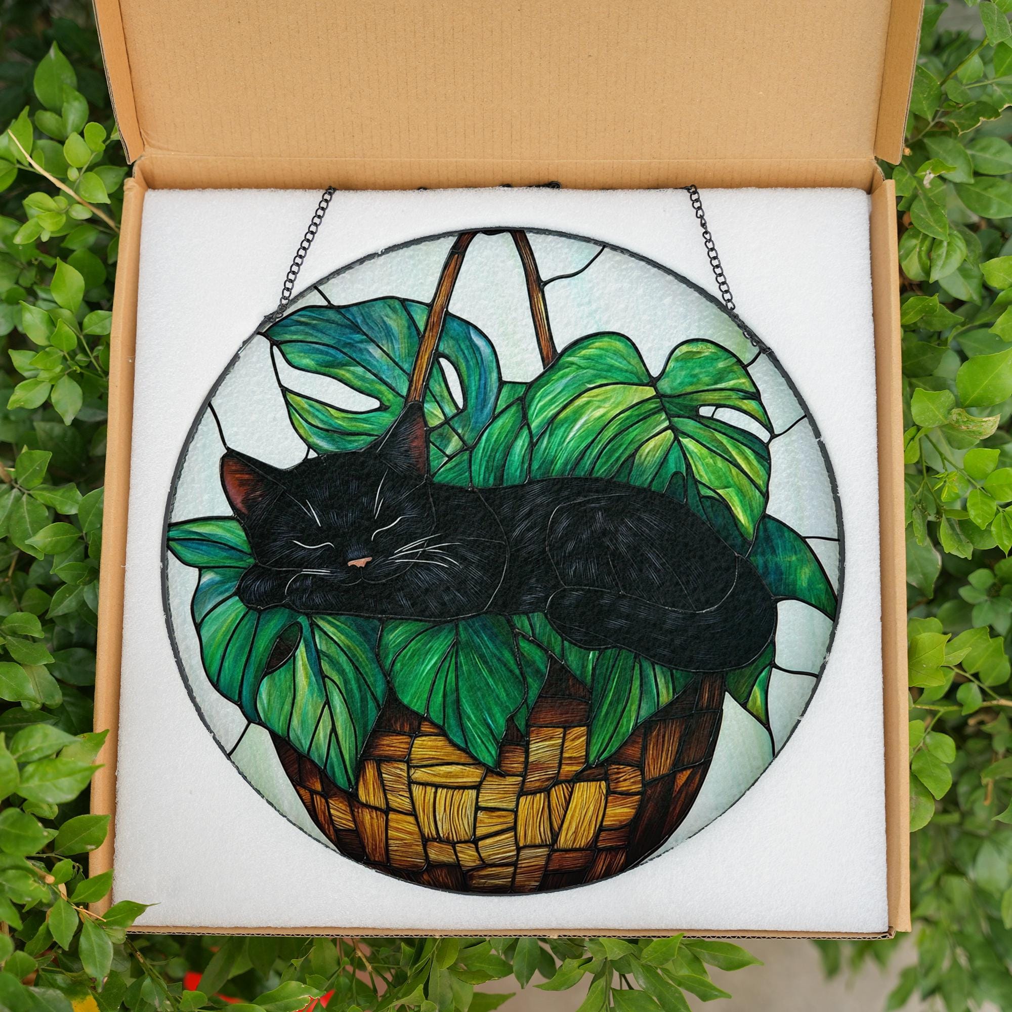 Black Cat Stained Glass Suncatcher Art | Sleeping Kitten in Monstera ...