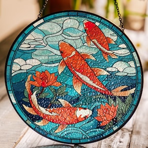 Koi Fish Stained Glass Suncatcher Nature Themed Glass Art Handmade Japanese Window Hanging Aquatic Decor,Unique  Gift for Nature Lovers