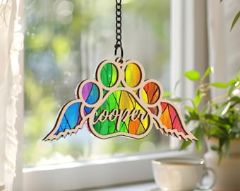 Gedenk-Suncatcher-Verzierung für Hunde: Pfotenabdruck mit Flügel
