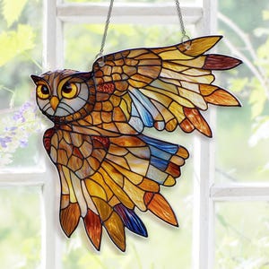 Flying Owl Acrylic Suncatcher: Bird Window Hanging Decor