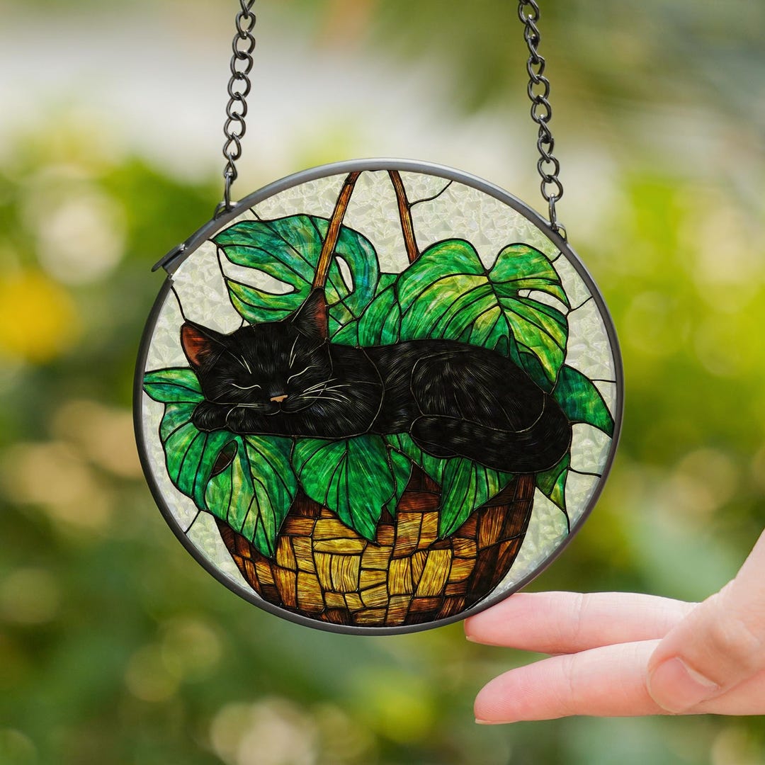 Black Cat Stained Glass Suncatcher Art | Sleeping Kitten in Monstera ...