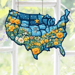 Kaart van de V.S. Acryl Suncatcher Patriottisch raam hangend handgemaakte Amerikaanse kaartdecor Uniek huistuinornament Perfect cadeau voor reisliefhebbers