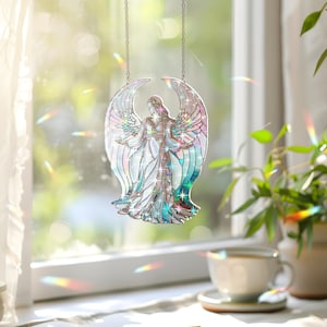 Engel Fensterbild, Engel Suncatcher Hängeschild, Starburst & Glasscherben Efekt Suncatcher, religiöses Wohndekor, Geschenk für Engelliebhaber