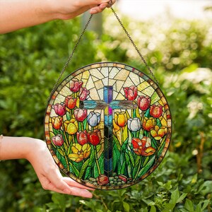 Stained Glass Cross And Wildflowers Suncatcher Faith Inspired Home Decor Religious Gift for Birthday  Baptisms or Wedding  Gift for Friend