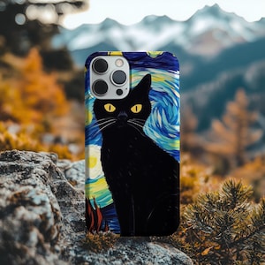 Black Cat Phone Case Van Gogh Painting Cover for iPhone 16 15 14 13 12 11 Pro Max, Plus X, Samsung Galaxy S21 S23 S22 Ultra