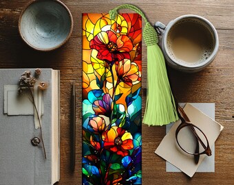 Flower Stained Glass Style Bookmark  , Botanical Art Book Lover Gift, Unique Floral Book Accessory